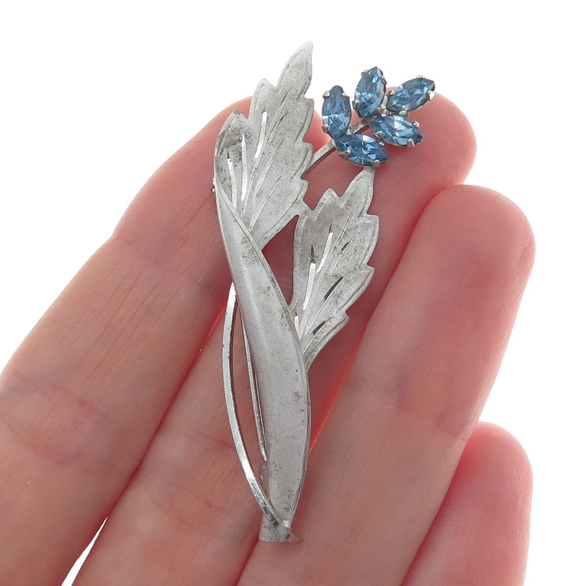 CURTIS CURTMAN 925 Sterling Silver Vintage Blue Rhinestone Flower Leaf Brooch