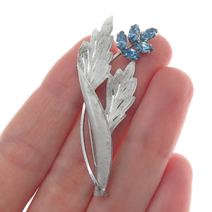 CURTIS CURTMAN 925 Sterling Silver Vintage Blue Rhinestone Flower Leaf Brooch