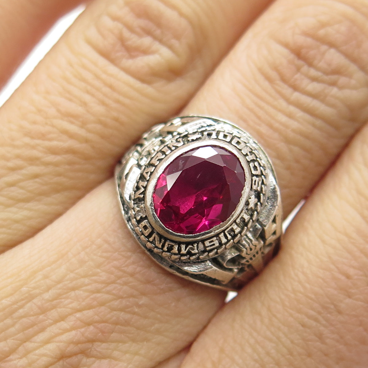 925 Sterling Silver Vintage 1992 Lab-Ruby Luis Munoz Marin School Ring Size 7.75