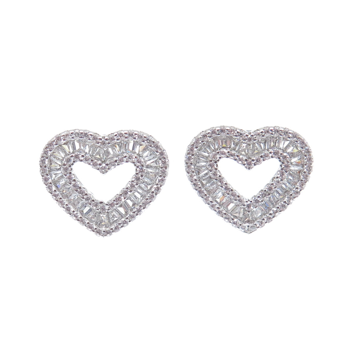 925 Sterling Silver Round & Tapered Baguette-Cut C Z Heart Stud Earrings
