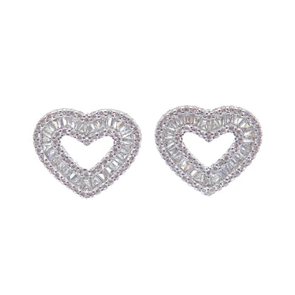 925 Sterling Silver Round & Tapered Baguette-Cut C Z Heart Stud Earrings