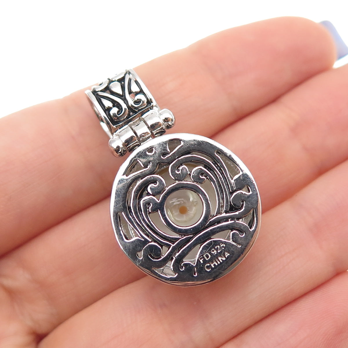 FD Felicia Design 925 Sterling Silver Faux Pearl Oxidized Charm Pendant