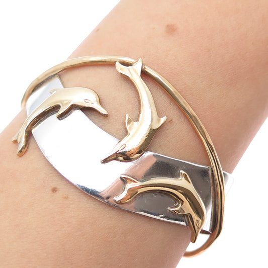 COURTNEY 925 Sterling Silver 2-Tone Vintage Dolphin Adjustable Bracelet 6.5"