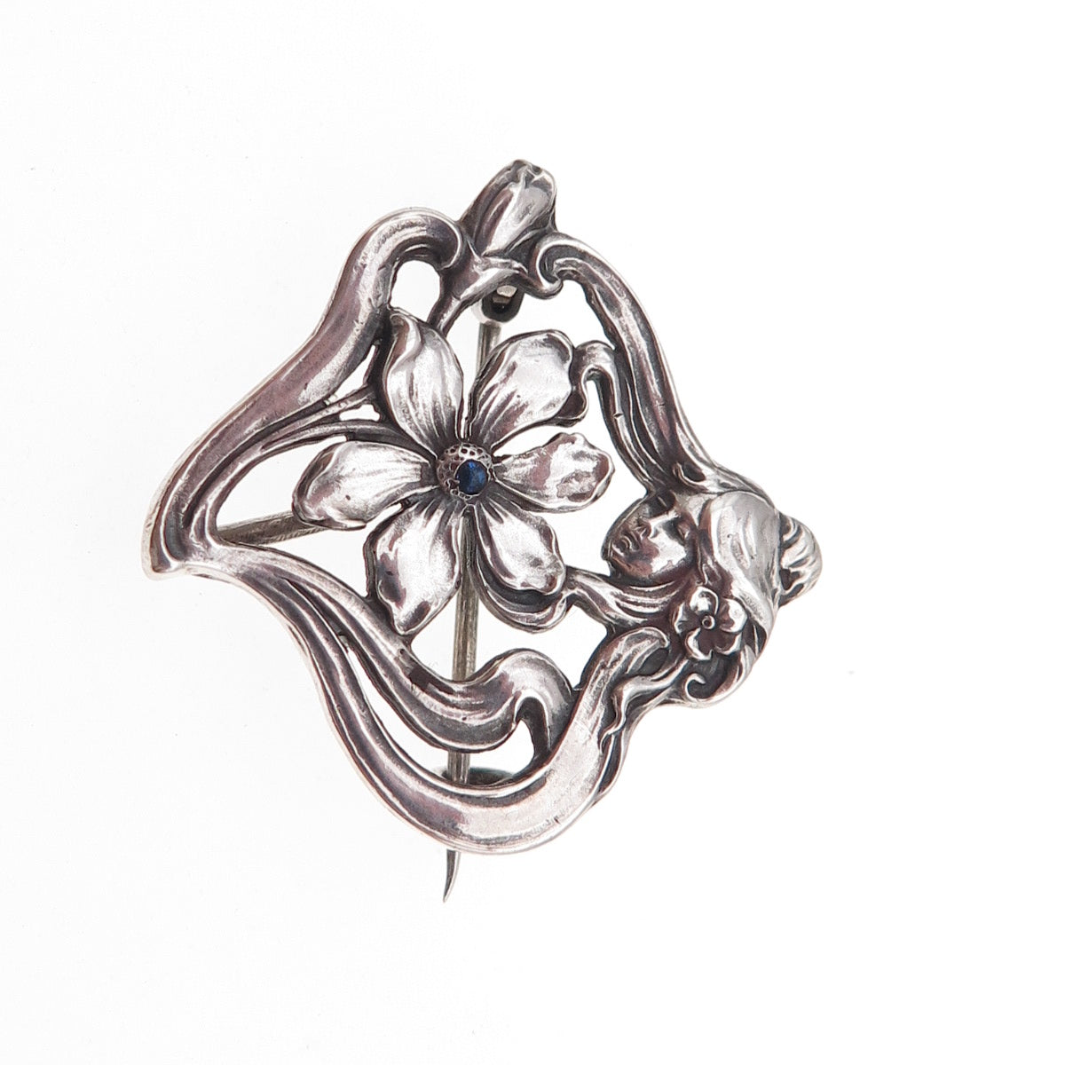Depose Swiss 900 Silver Antique Art Deco Rhinestone Floral Lady Pin Brooch