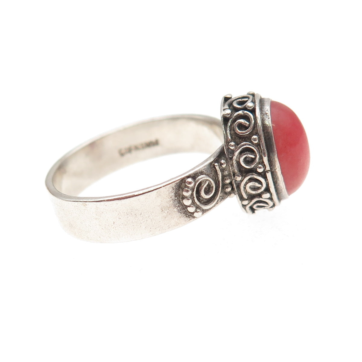 925 Sterling Silver Vintage Real Cherry Quartz Spiral Oxidized Ring Size 7.5