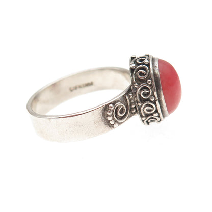 925 Sterling Silver Vintage Real Cherry Quartz Spiral Oxidized Ring Size 7.5