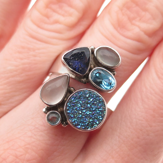 SAJEN Sterling Silver Vintage Moonstone Druzy Iolite & Blue Topaz Ring Size 8.25