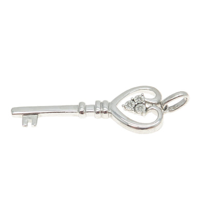 925 Sterling Silver Real Round-Cut Diamond Heart Key Charm Pendant