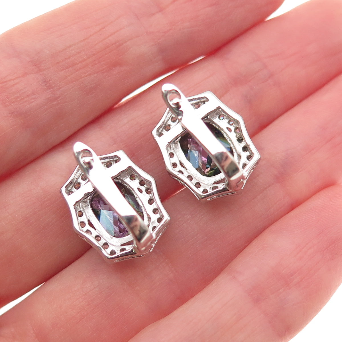 925 Sterling Silver Real Mystic Quartz & C Z Earrings