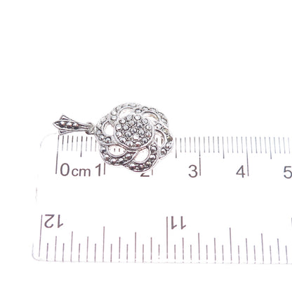 925 Sterling Silver Antique Art Deco Real Marcasite Flower Charm Pendant