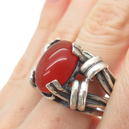 925 Sterling Silver Vintage Real Carnelian Modernist Oxidized Ring Size 9.25