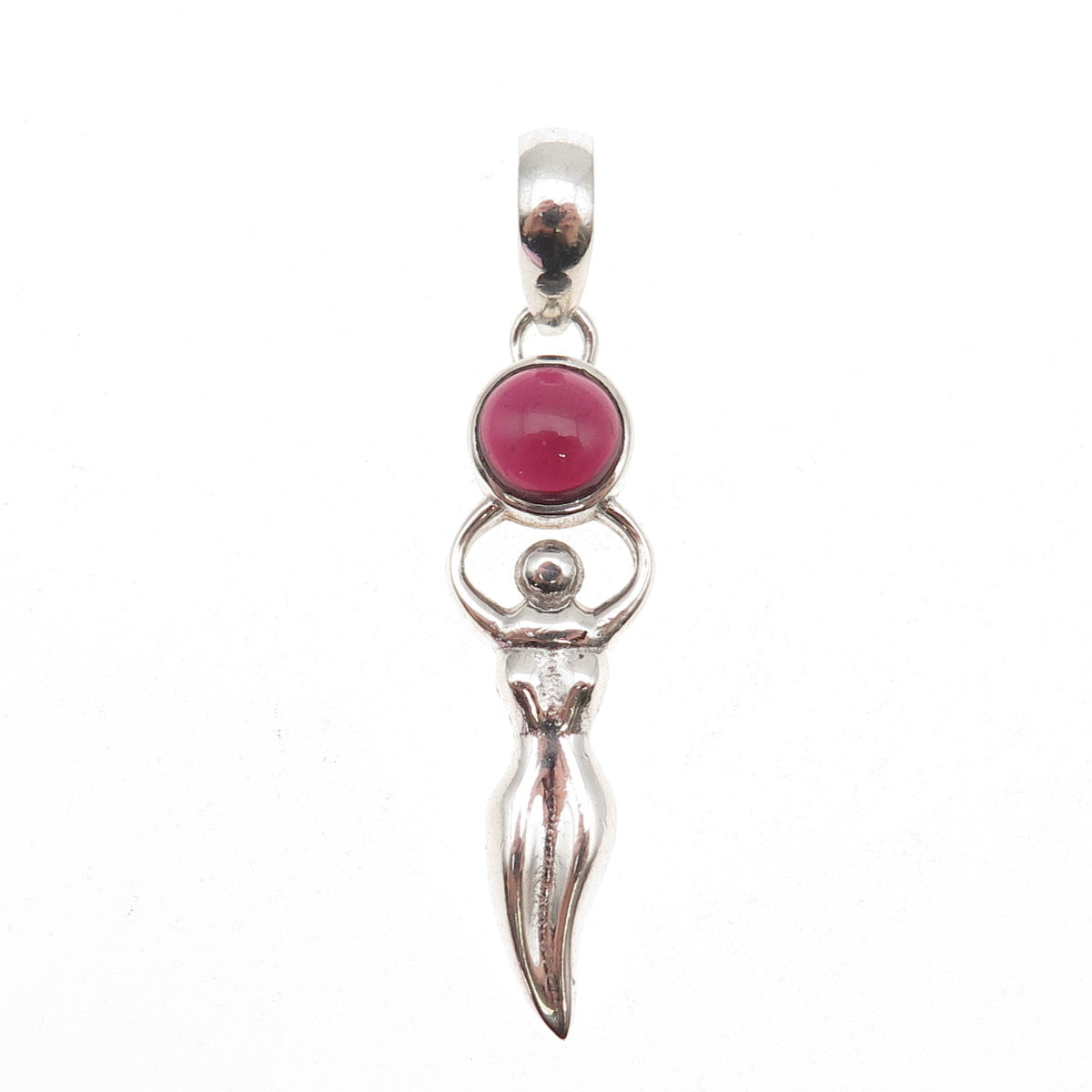 925 Sterling Silver Vintage Real Garnet Fertility Moon Goddess Charm Pendant