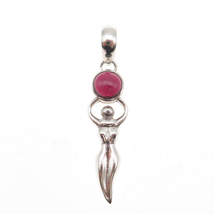 925 Sterling Silver Vintage Real Garnet Fertility Moon Goddess Charm Pendant