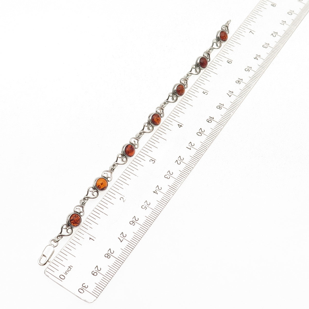 925 Sterling Silver Vintage Real Amber Heart Oxidized Bracelet 6.75"