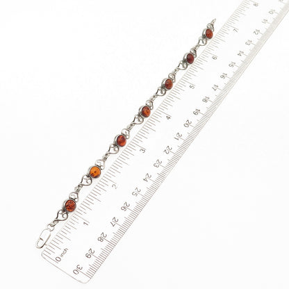 925 Sterling Silver Vintage Real Amber Heart Oxidized Bracelet 6.75"