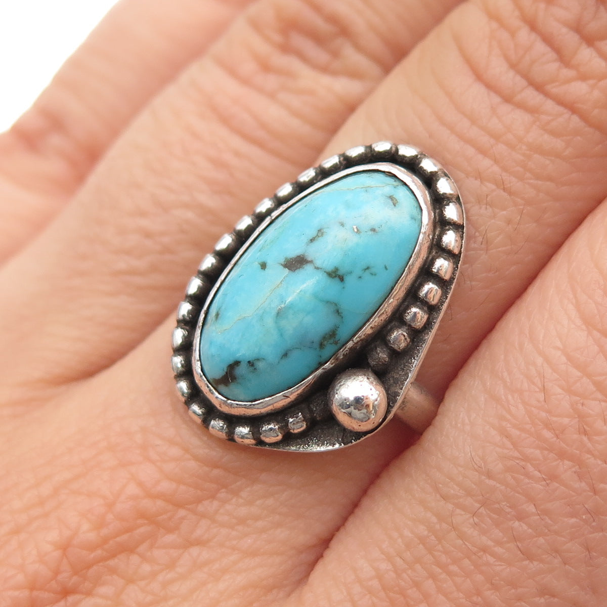 Old Pawn 925 Sterling Silver Vintage Southwestern Tyrone Turquoise Ring Size 7.5