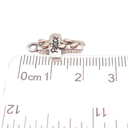 925 Sterling Silver 14K Gold Vintage Peace Floral Cross Oxidized Charm Pendant