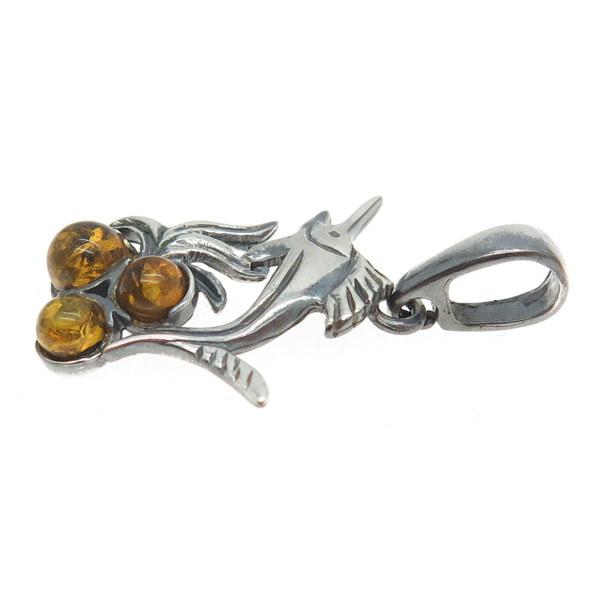 925 Sterling Silver Vintage Real Amber Swordfish Oxidized Pendant