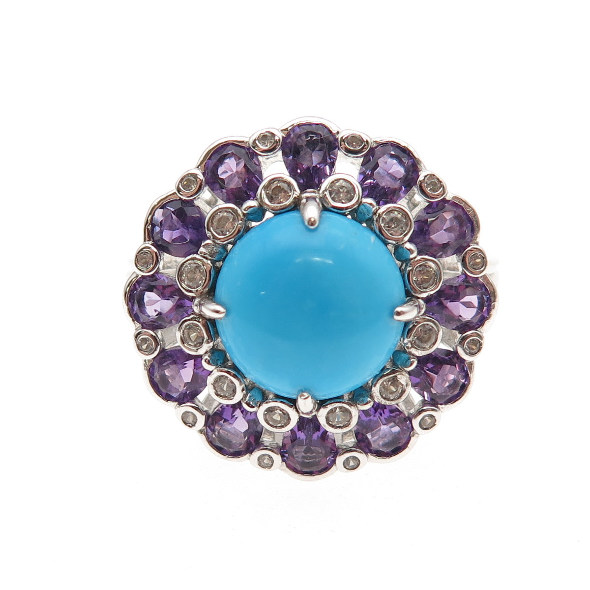 Chuck Clemency Sterling Silver Real Turquoise Amethyst & White Topaz Ring Size 8