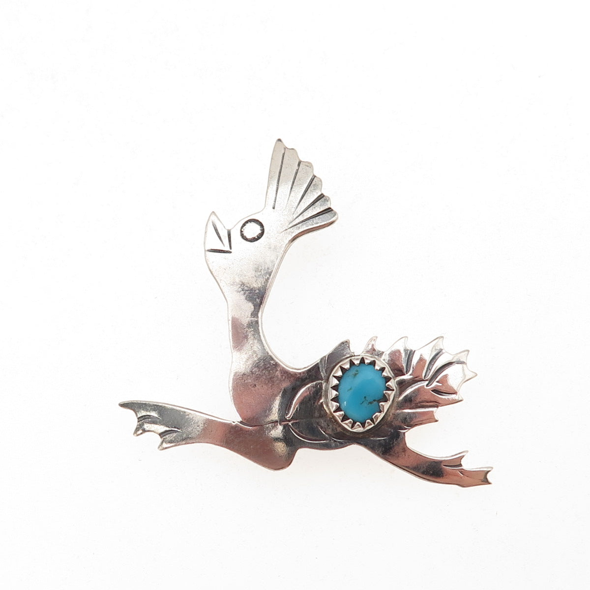 Handmade Indian Jewelry Old Pawn 925 Sterling Turquoise Roadrunner Pin Pendant