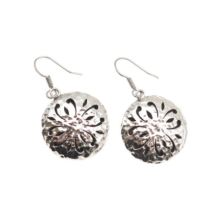 925 Sterling Silver Vintage Modernist Floral Hammered Dangle Earrings