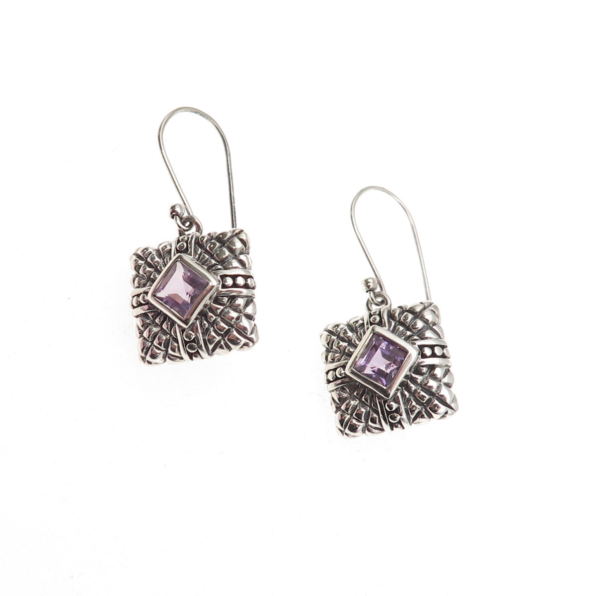 925 Sterling Silver Vintage Real Amethyst Oxidized Dangle Earrings