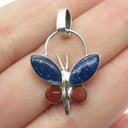 950 Silver Vintage Real Lapis Lazuli & Coral Butterfly Pendant