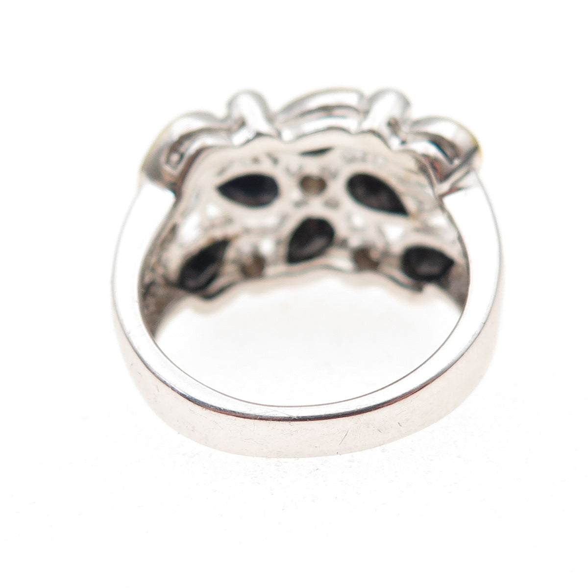 925 Sterling Silver 2-Tone Real Diamond & Sapphire Cluster Ring Size 5.75