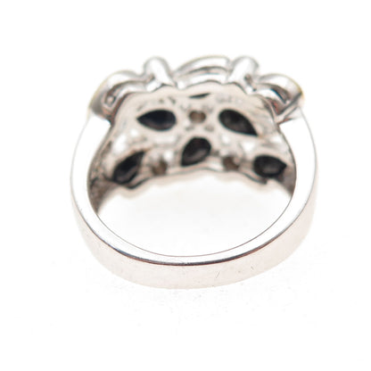 925 Sterling Silver 2-Tone Real Diamond & Sapphire Cluster Ring Size 5.75