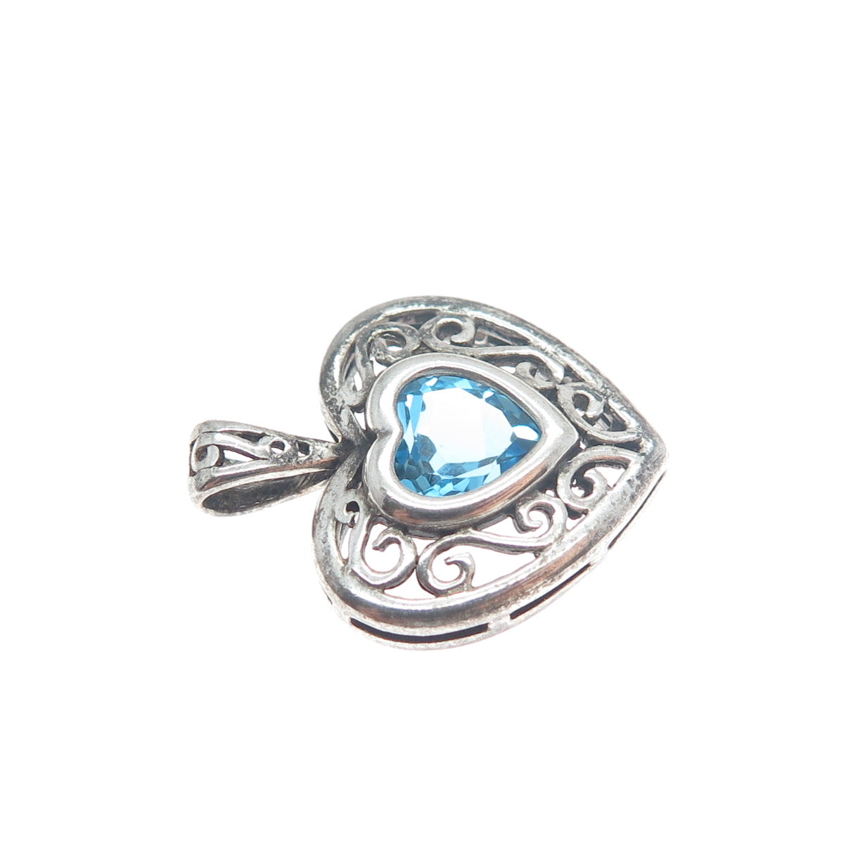 925 Sterling Silver Vintage London Blue Topaz Heart Oxidized Minimalist Pendant