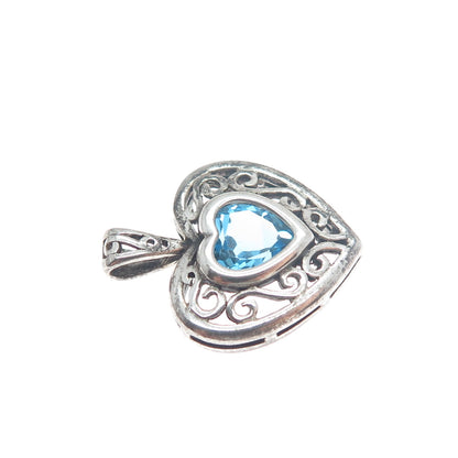 925 Sterling Silver Vintage London Blue Topaz Heart Oxidized Minimalist Pendant