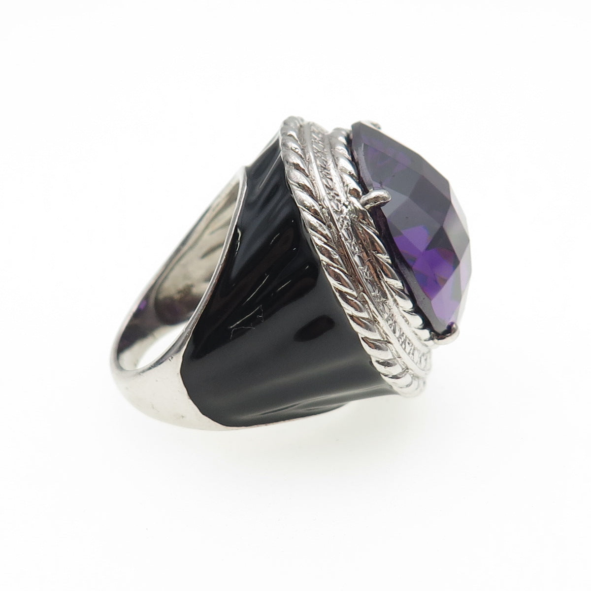 925 Sterling Silver Enamel Round-Cut Purple C Z Statement Ring Size 7.25