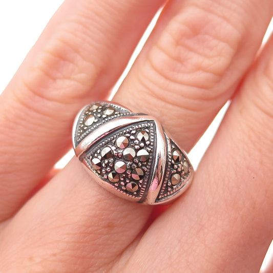 925 Sterling Silver Vintage Real Marcasite Modernist Oxidized Ring Size 6