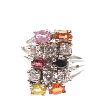 925 Sterling Silver Real Multi-Color Sapphire & C Z Cluster Ring Size 6.25