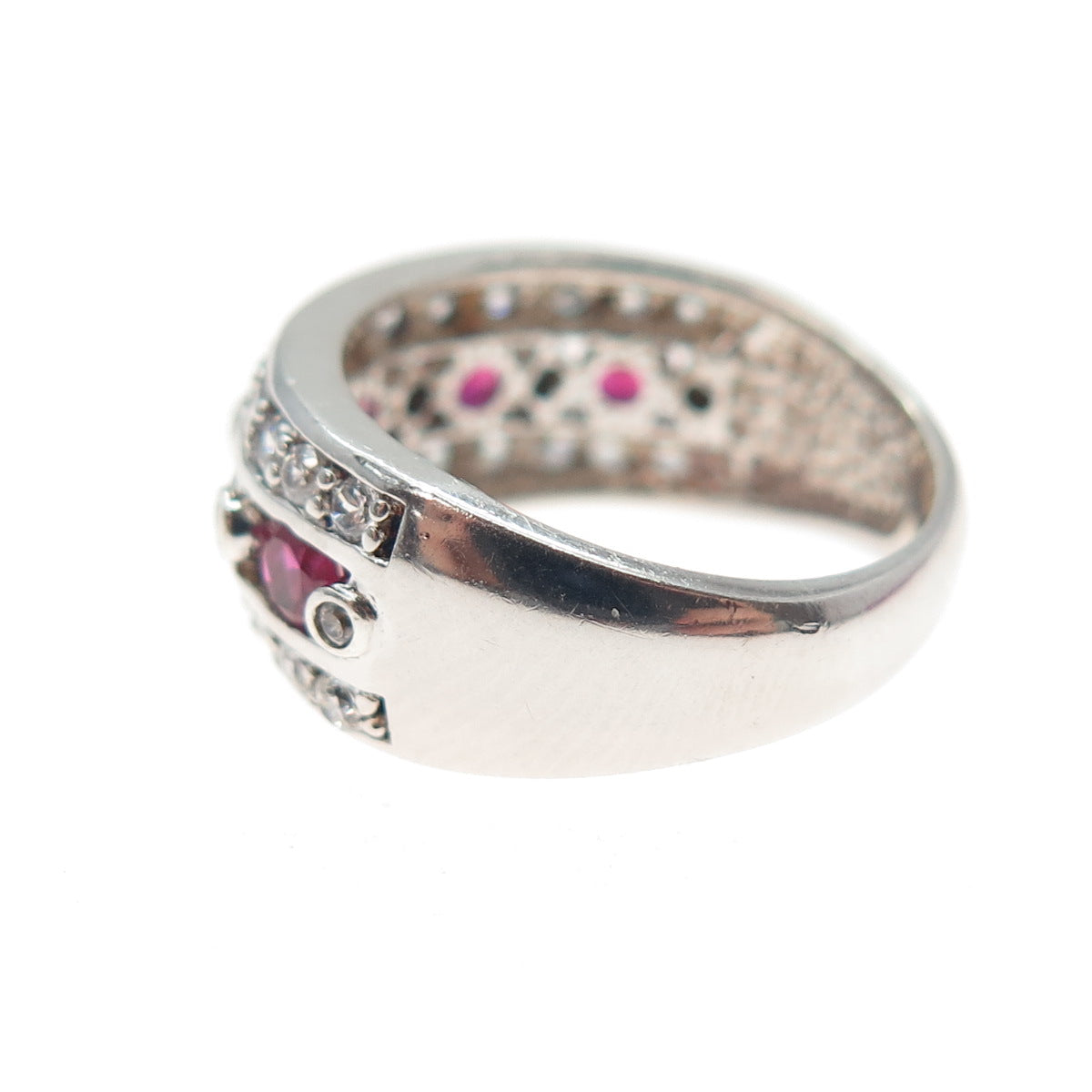925 Sterling Silver Round-Cut Lab-Created Ruby & C Z Ring Size 5.25