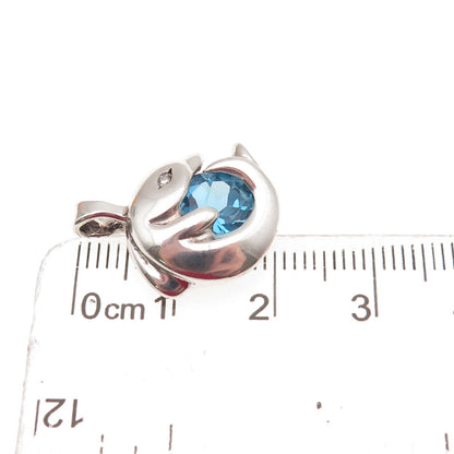 Gorham 925 Sterling Vintage Real Diamond Swiss Blue Topaz Dolphin Mini Pendant
