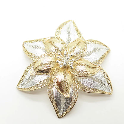 925 Sterling Silver 2-Tone Vintage Filigree Floral Pin Brooch