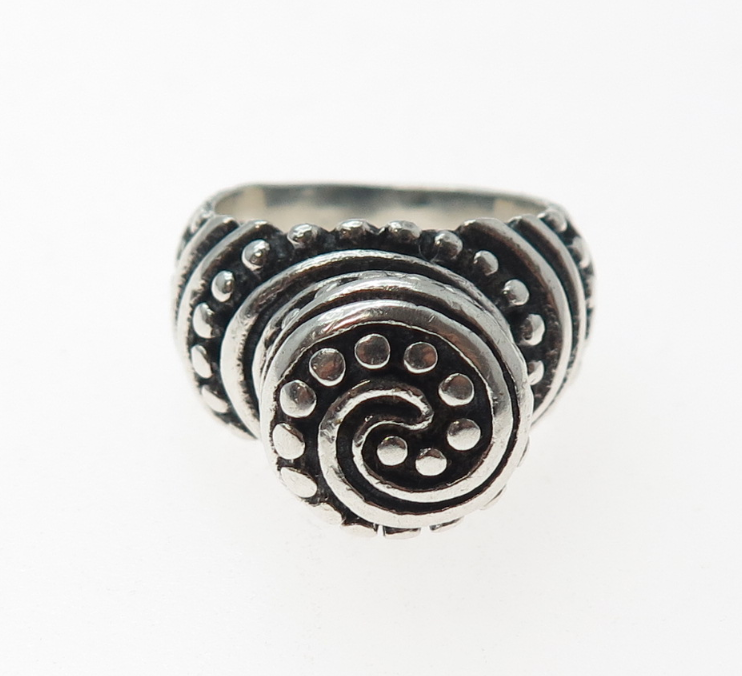 925 Sterling Silver Vintage Mexico Modernist Dotted Spiral Oxidized Ring Size 6