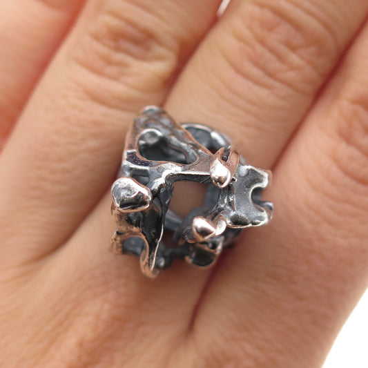 800 Silver Vintage Israel Modernist Brutalist Oxidized Ring Size 7