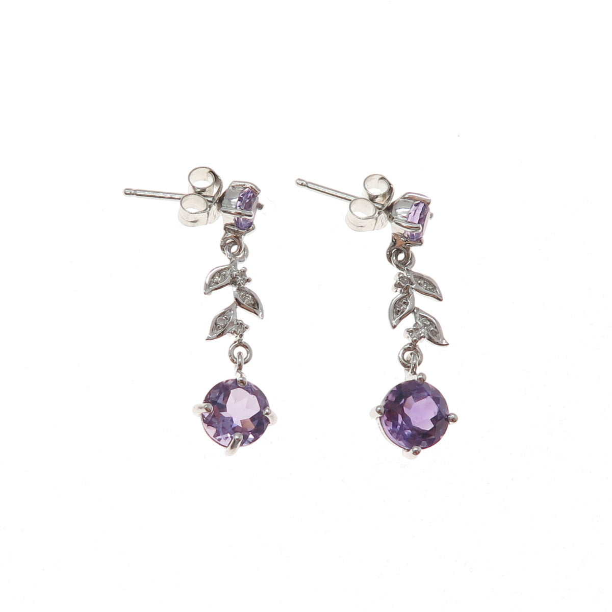 925 Sterling Silver Real Diamond & Amethyst Floral Leaf Dangle Earrings