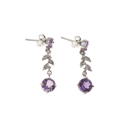 925 Sterling Silver Real Diamond & Amethyst Floral Leaf Dangle Earrings