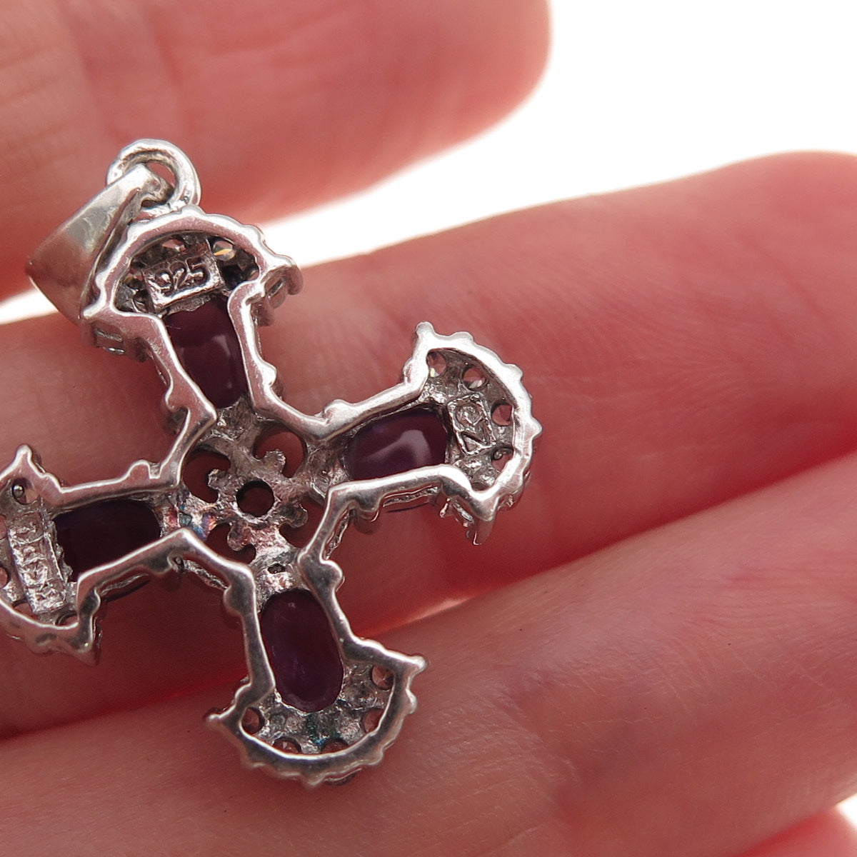 925 Sterling Silver Vintage Real Amethyst & C Z Cross Charm Pendant