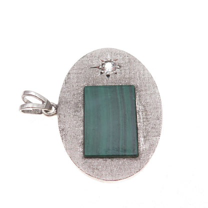 Daito S.A. Sterling Silver Vintage Mexico Real Malachite & C Z Modernist Pendant