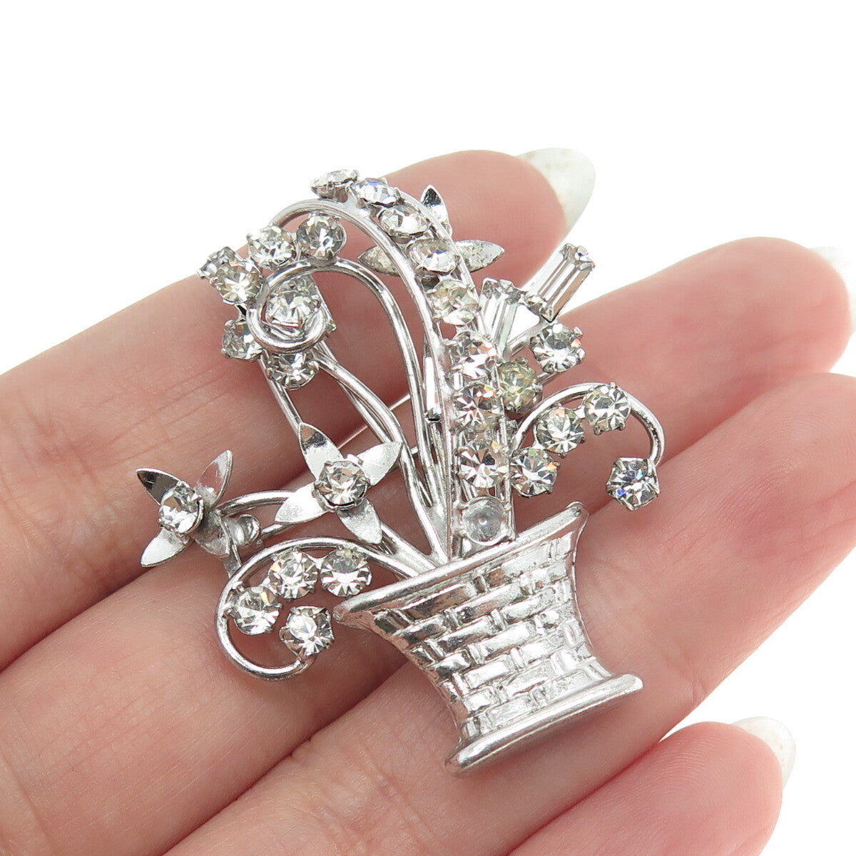 CARL ART 925 Sterling Silver Antique Art Deco Rhinestone Flower Basket Brooch