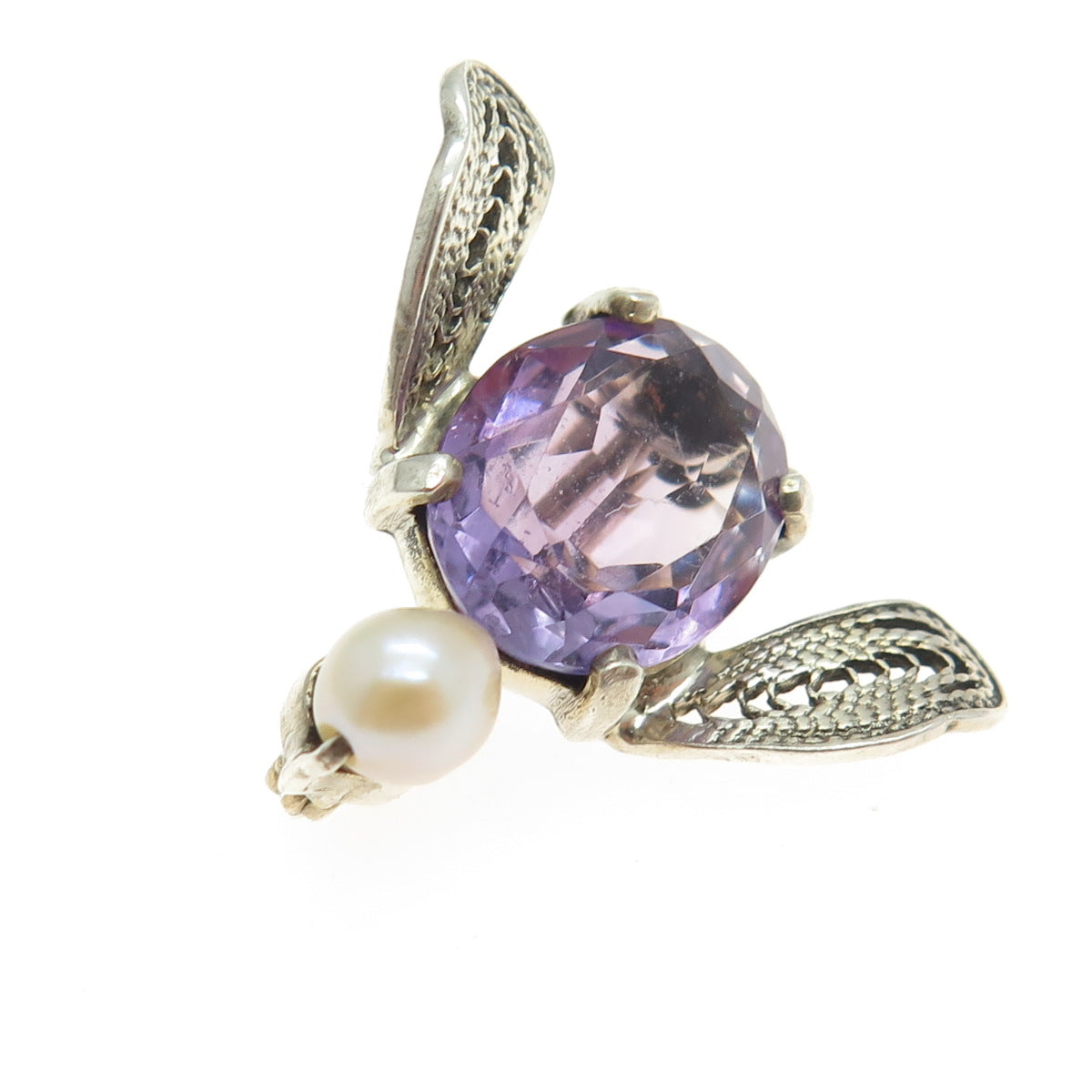 925 Sterling Silver Antique Art Deco Real Amethyst & Pearl Fly Filigree Booch