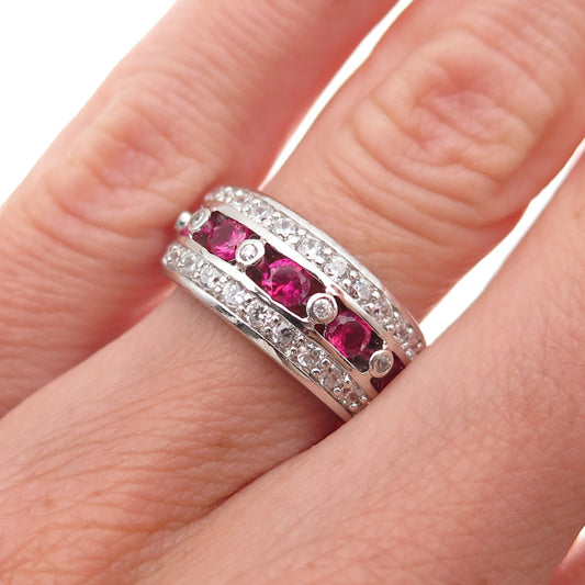 925 Sterling Silver Round-Cut Lab-Created Ruby & C Z Ring Size 5.25