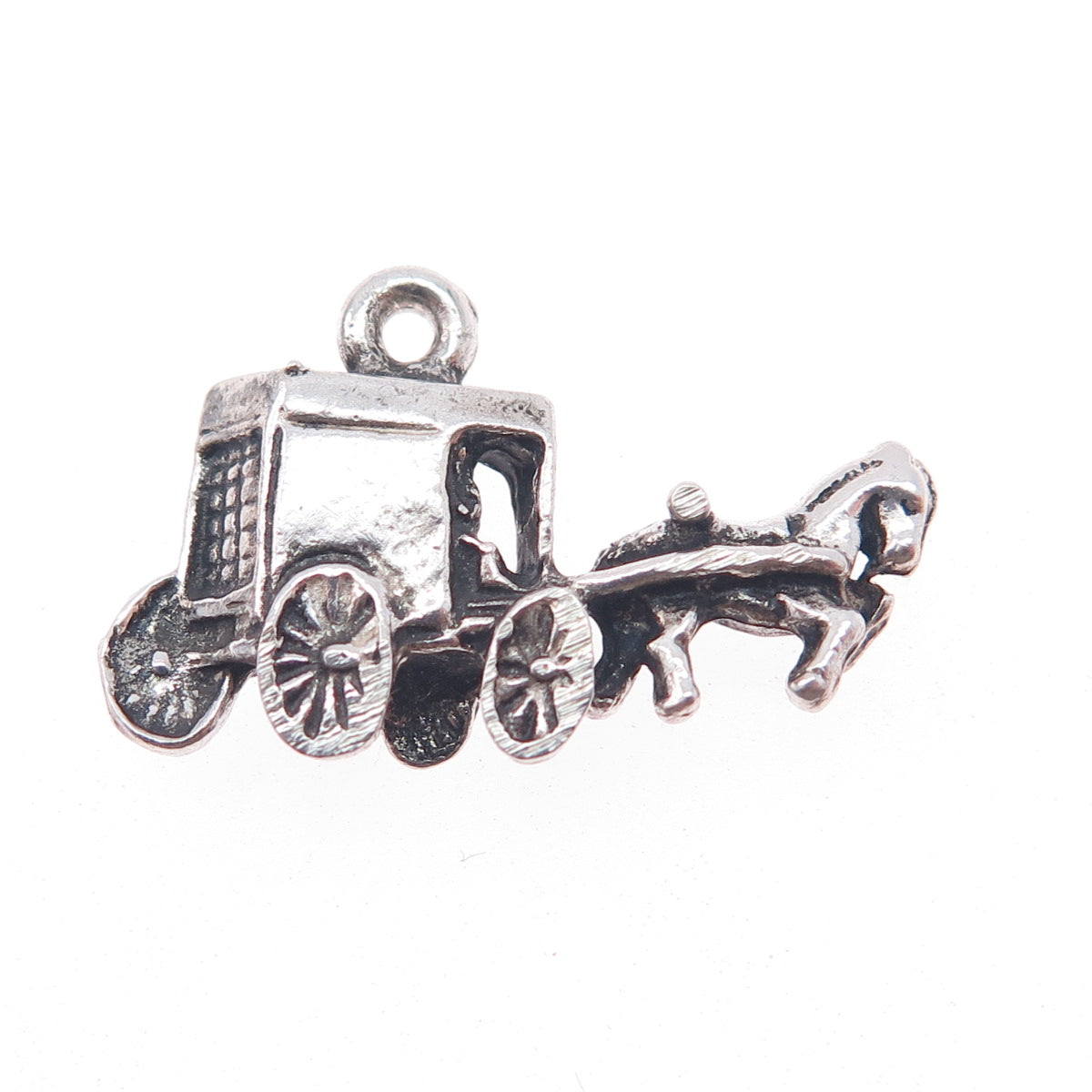 925 Sterling Silver Vintage Horse & Carriage Oxidized Charm Pendant