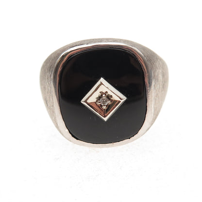 925 Sterling Silver Gold Accent Vintage Real Diamond & Black Onyx Ring Size 10