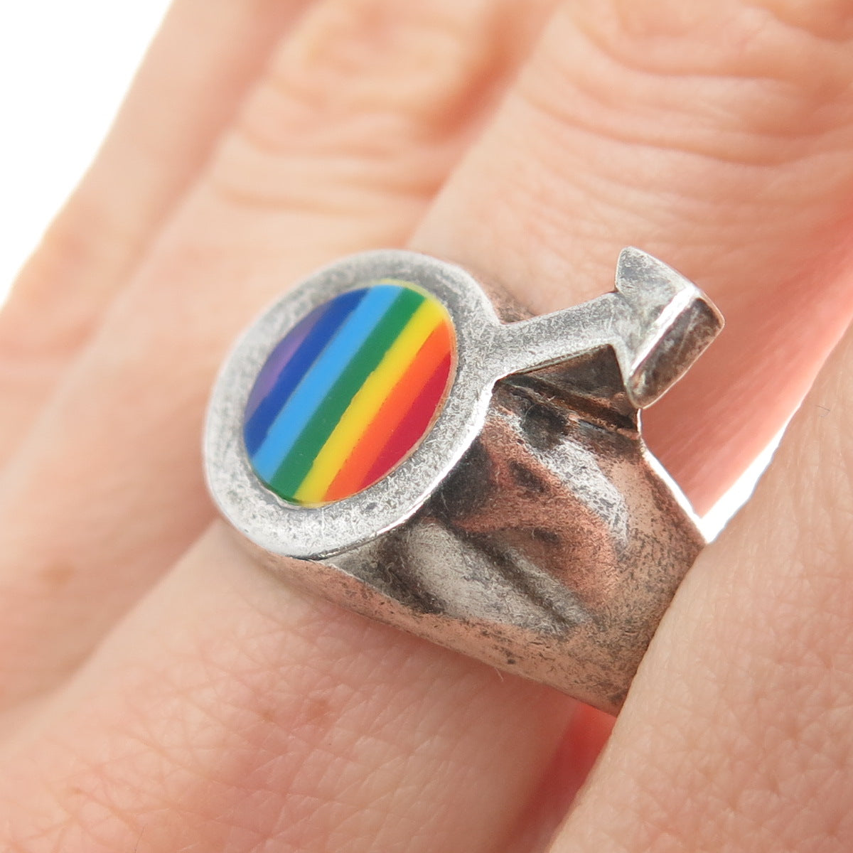 925 Sterling Silver Vintage Enamel Male Symbol Rainbow Ring Size 12.25