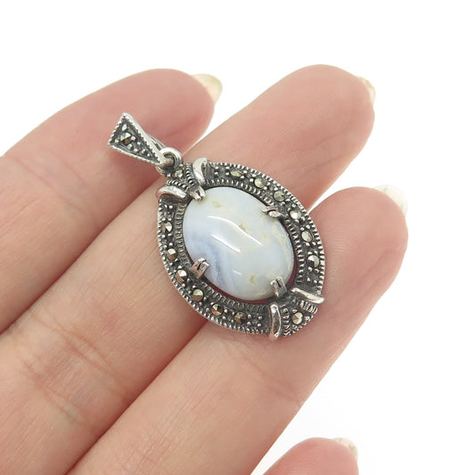 925 Sterling Silver Vintage Real White Agate & Marcasite Gemstone Pendant